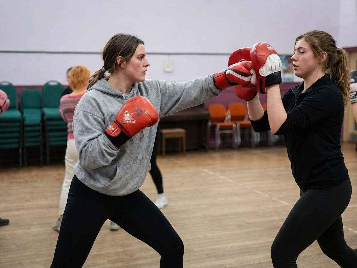 Women at NCHF ladies boxfit class in Glasgow with pink boxing gloves